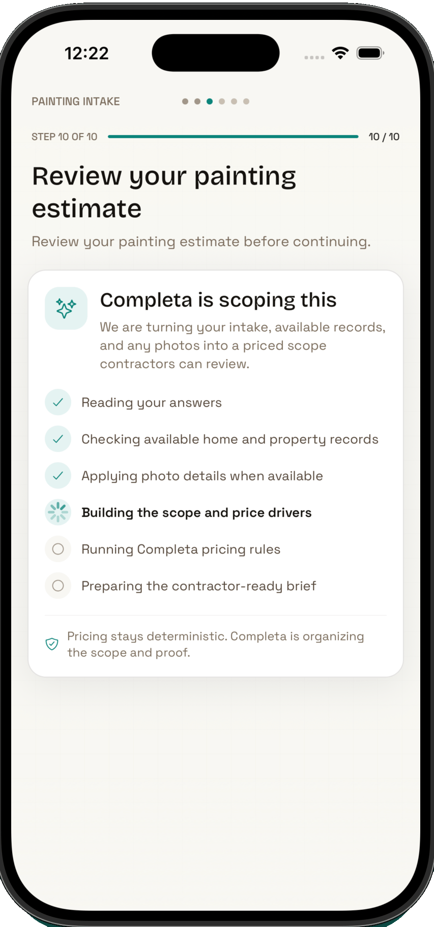 Completa turns painting intake answers, property records, and photos into a scope and estimate for contractor review
